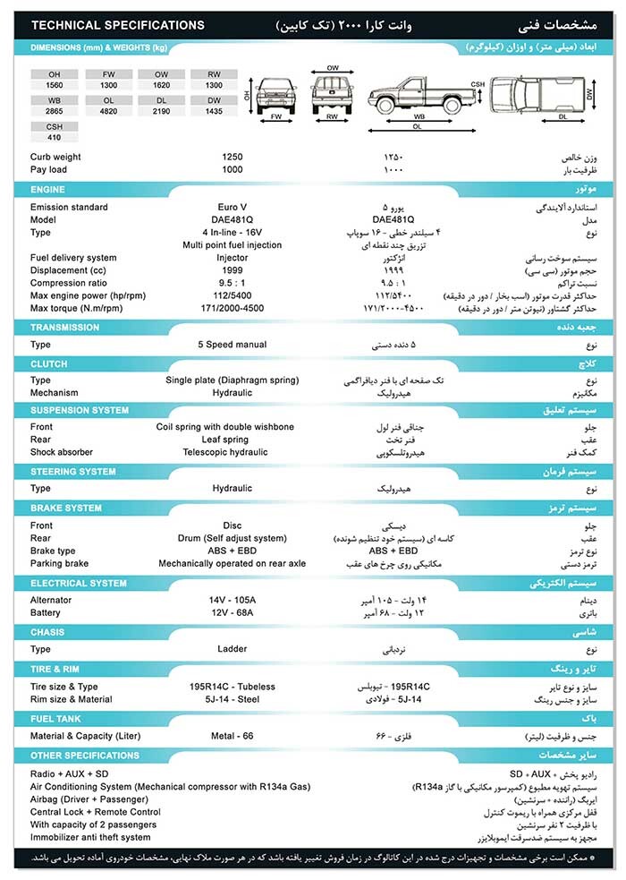 مشخصات وانت کارا