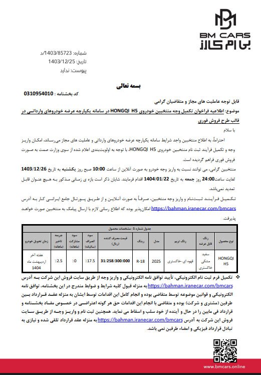 آغاز تکمیل وجه متقاضیان منتخبان خرید هونگچی H۵