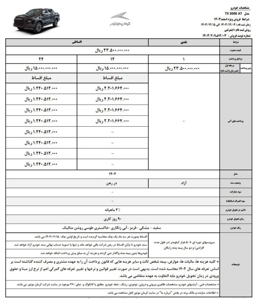 فروش نقد و اقساط جک T۹ کرمان موتور (اسفند ۱۴۰۳)