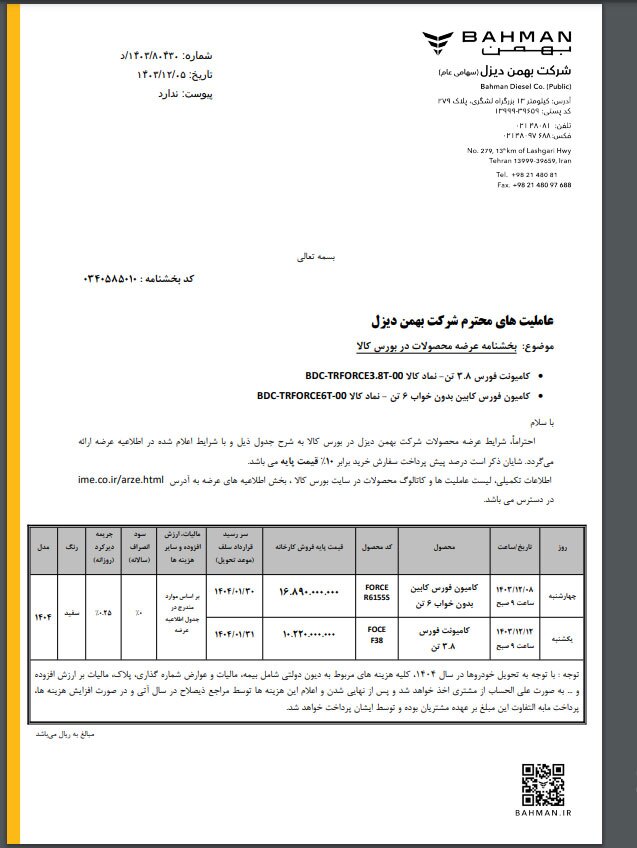 آخرین عرضه فورس F۳۸ در بورس کالا در سال ۱۴۰۳