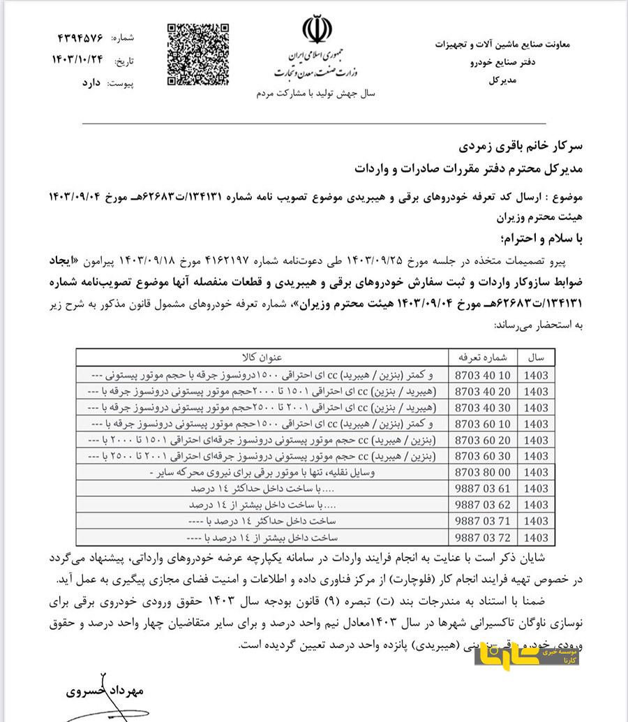 کد تعرفه خودروهای برقی و هیبریدی ابلاغ شد+جزئیات