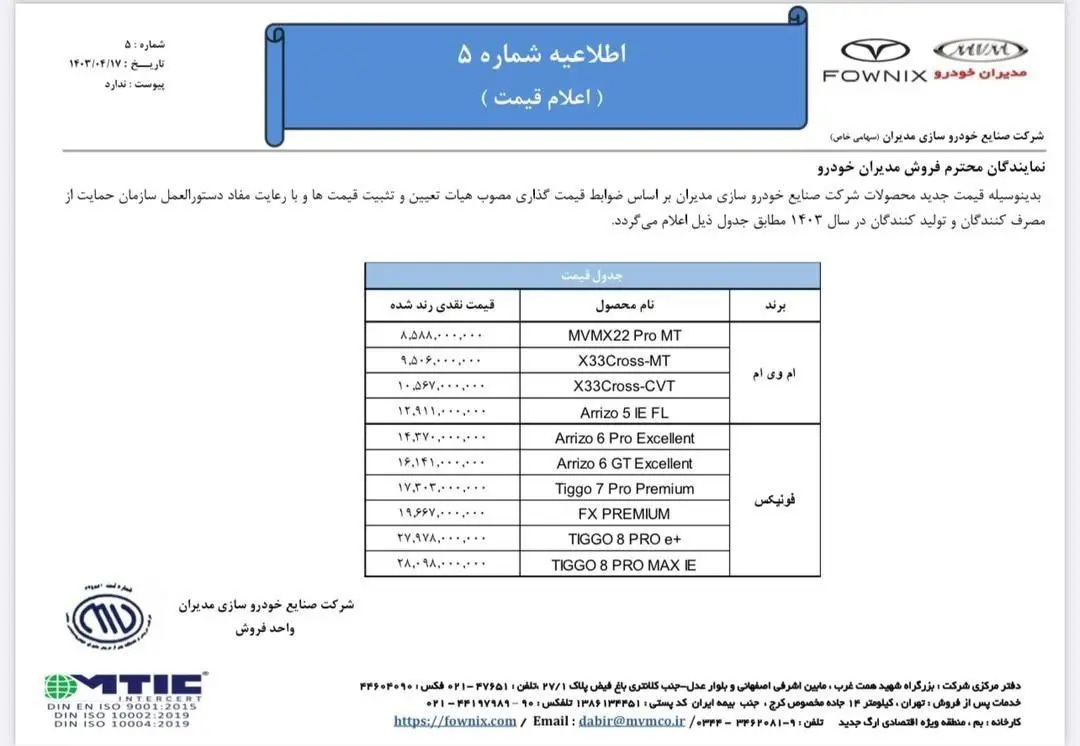 قیمت جدید ۱۰ محصول مدیران خودرو اعلام شد - تیر ۱۴۰۳