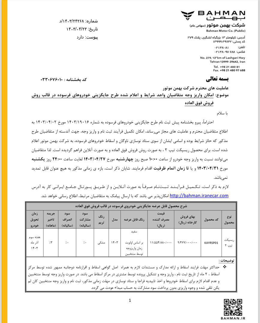 جزئیات تکمیل وجه خودروی ریسپکت۲ (طرح جوانی جمعیت و جایگزینی خودروی فرسوده)