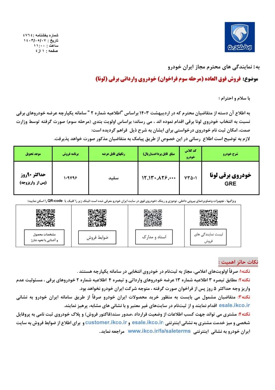 فروش فوق العاده ۱ خودرو وارداتی برقی - مرداد ۱۴۰۳