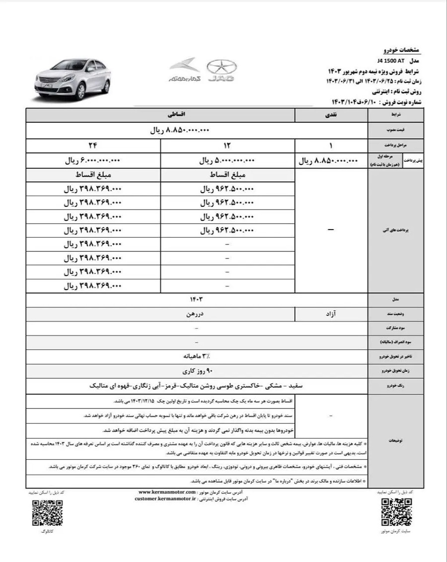 شروع فروش دو خودرو کرمان موتور از امروز - ۲۵ شهریور ۱۴۰۳