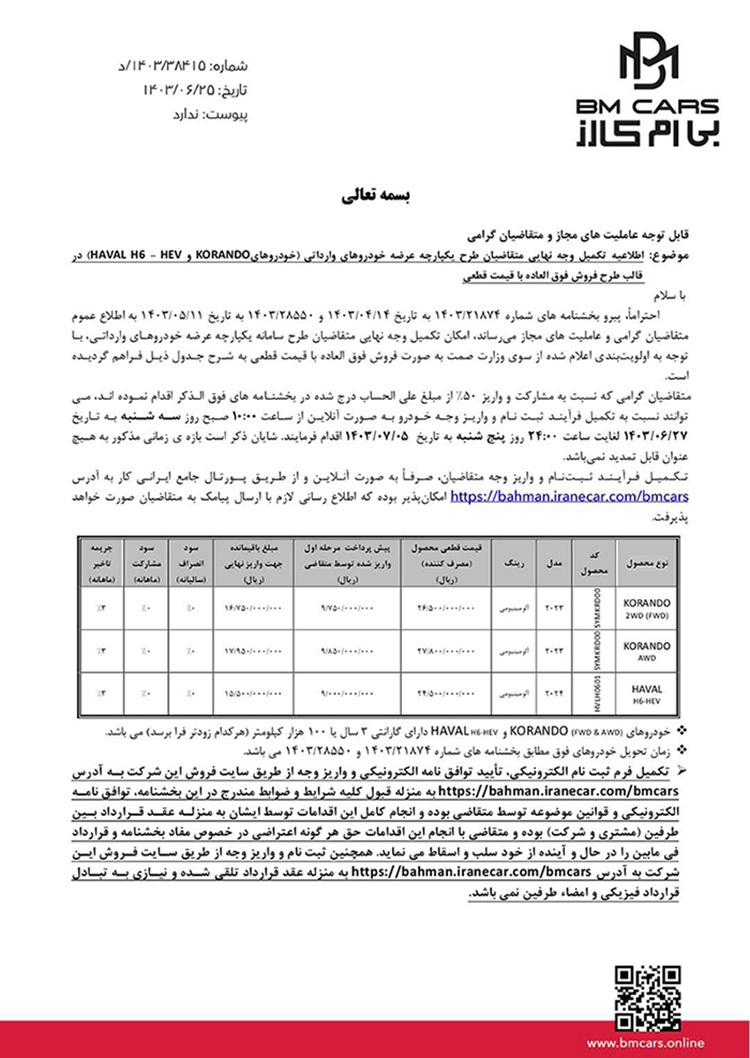 ارسالی: اطلاعیه تکمیل وجه نهایی متقاضیان طرح یکپارچه عرضه خودرو‌های وارداتی (خودرو‌های KORANDO و HEV-H۶ HAVAL) در قالب طرح فروش فوق العاده با قیمت قطعی