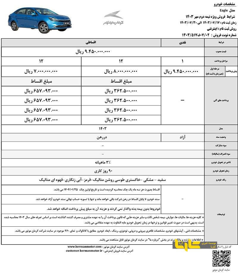 شرایط فروش خودروی «ایگل» و سه خودروی دیگر کرمان موتور اعلام شد