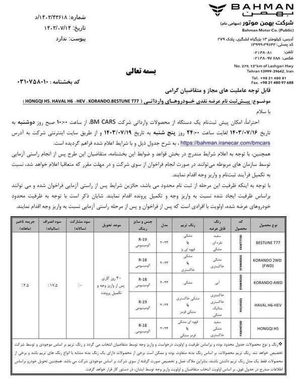 فروش ۵ خودرو وارداتی بهمن موتور از امروز - ۱۶ مهر ۱۴۰۳