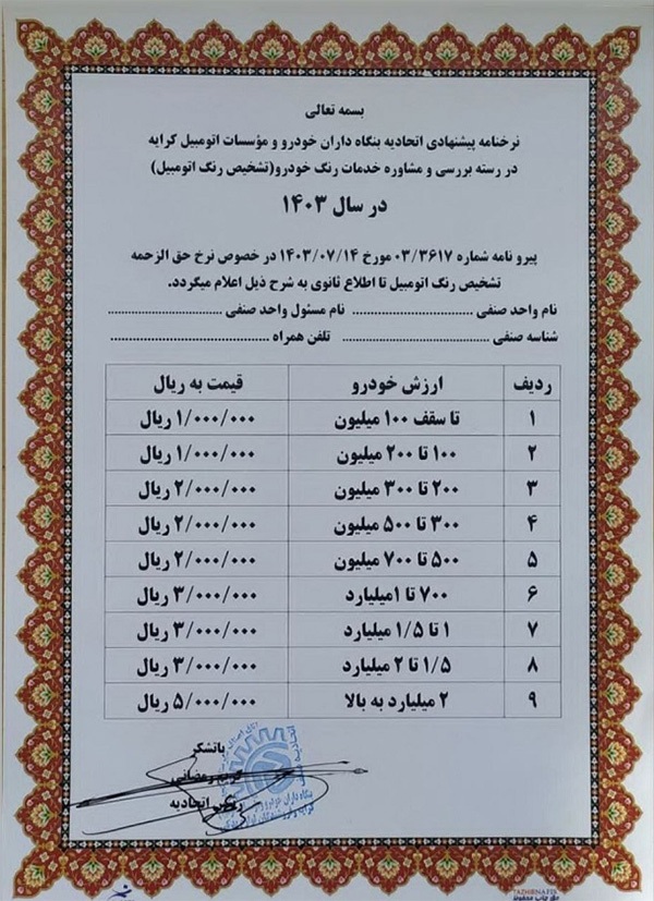 نرخ جدید کارشناسی انواع رنگ خودرو اعلام شد + جدول