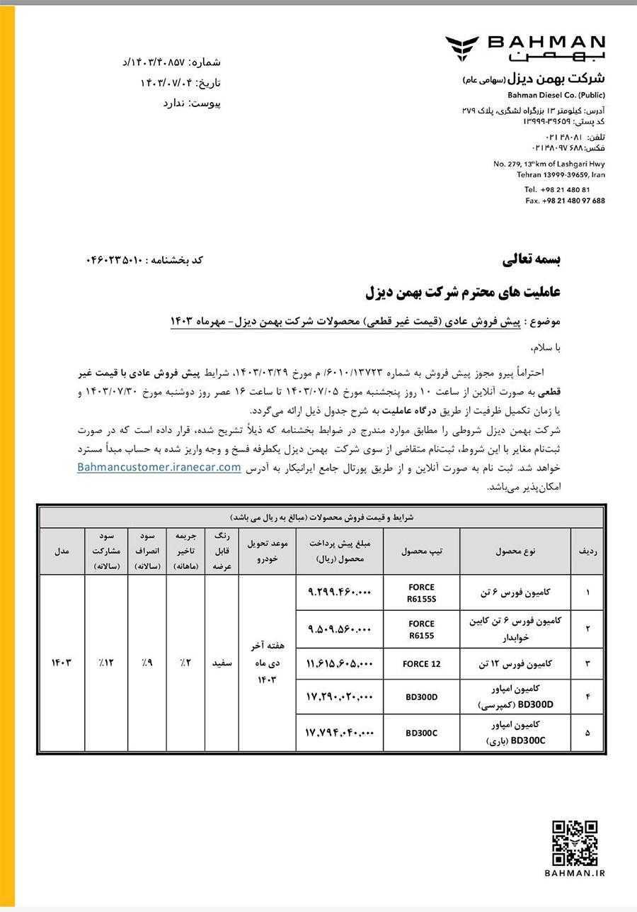 ارسالی:آغاز پیش‌فروش ۵ محصول بهمن دیزل با قیمت غیرقطعی