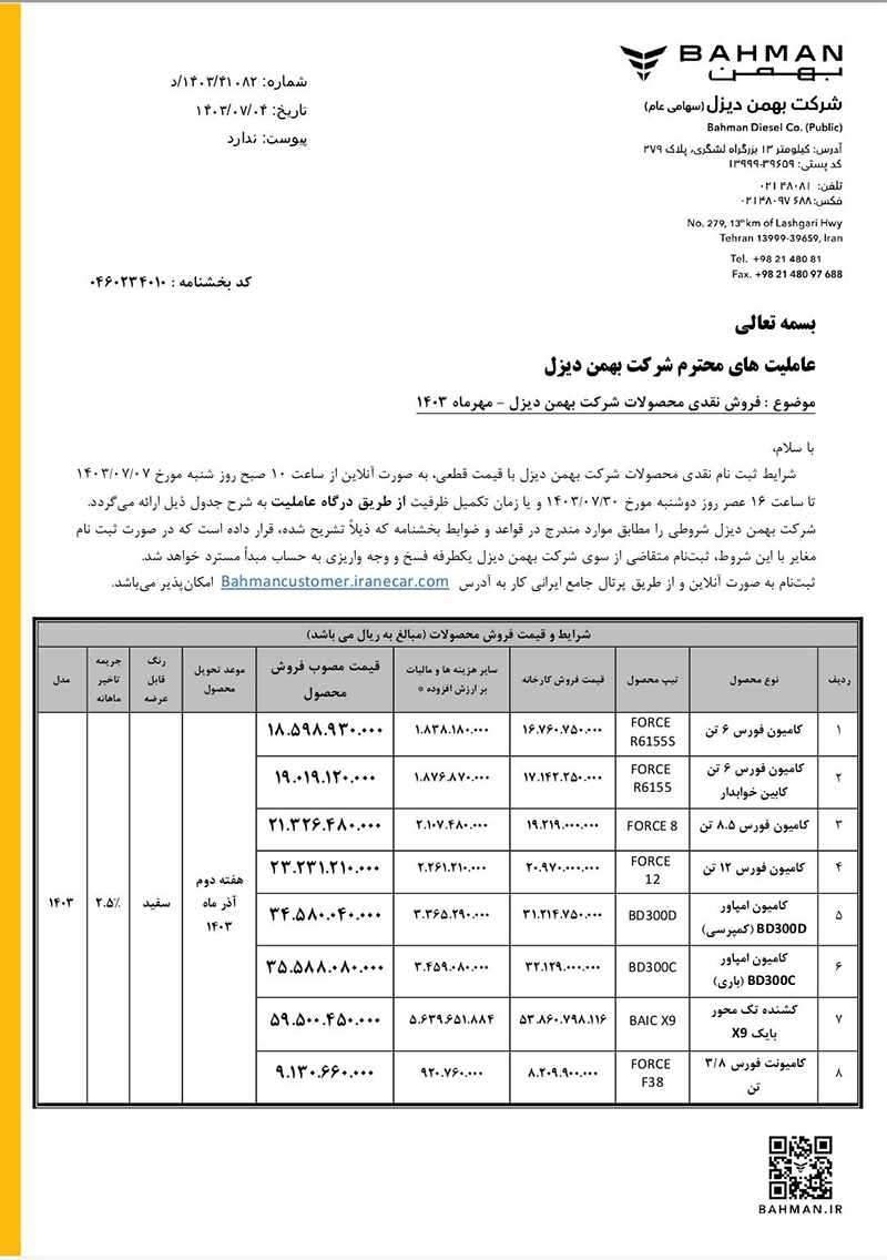 ارسالی:فروش نقدی ۸ خودروی بهمن دیزل آغاز می‌شود