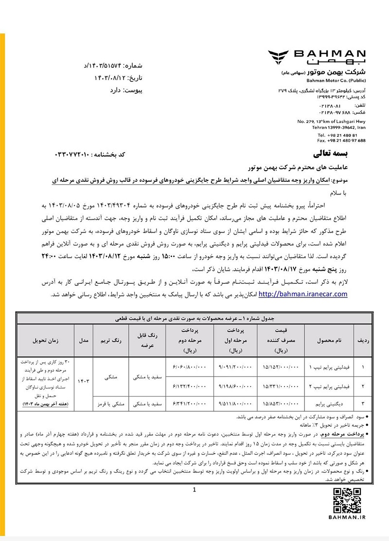 ارسالی:دعوتنامه واریز وجه متقاضیان طرح عادی، خودروهای فرسوده و حمایت از خانواده و جوانی جمعیت