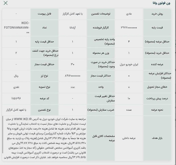 عرضه ون وانا ایرانخودرو دیزل در بورس کالا عرضه ون وانا ایرانخودرو دیزل در بورس کالا