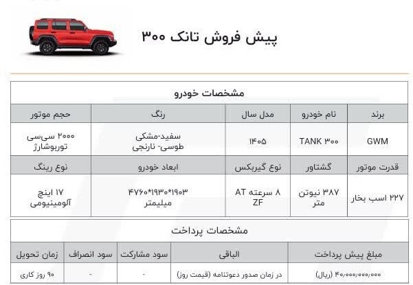 بخشنامه پیش فروش خودرو تانک ۳۰۰ (اسفند ۱۴۰۴)