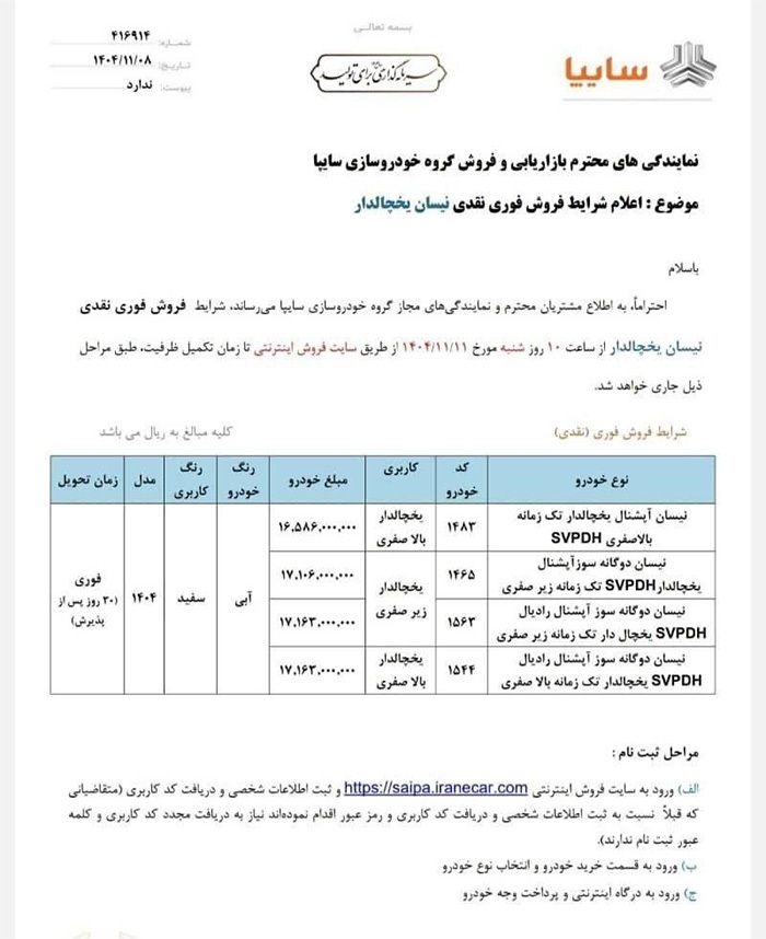 شرایط فروش نقدی نیسان یخچالدار ویژه بهمن ۱۴۰۴