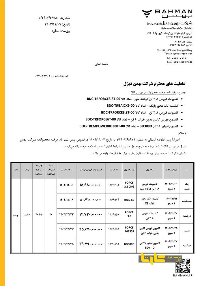شرایط فروش محصولات تجاری بهمن دیزل در بورس کالا - تحویل فوری ویژه بهمن ماه ۱۴۰۴ شرایط فروش محصولات تجاری بهمن دیزل در بورس کالا - تحویل فوری ویژه بهمن ماه ۱۴۰۴