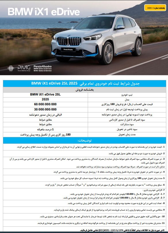 آغاز فروش کراس اوور برقی BMW iX۱ eDrive ۲۵L مدل ۲۰۲۵ توسط پرشیا خودرو در ایران