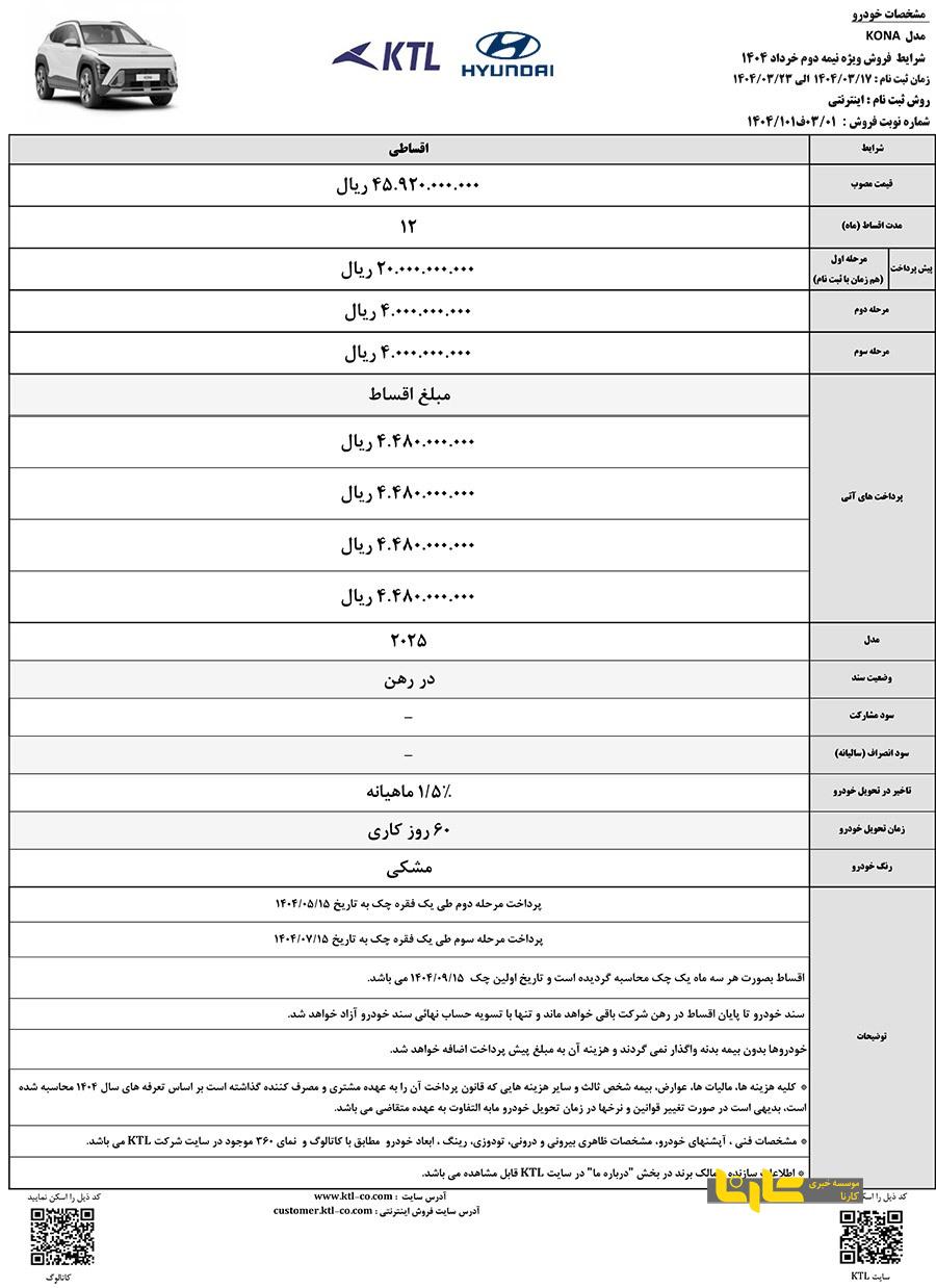 آغاز فروش اقساطی هیوندای کونا ۲۰۲۵ شرکت KTL