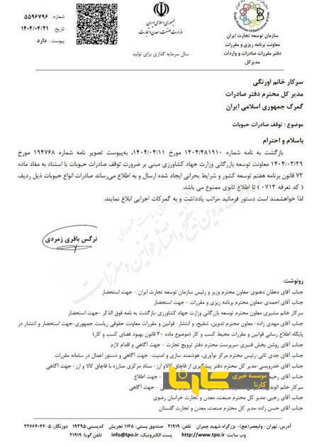 صادرات حبوبات ممنوع شد + نامه