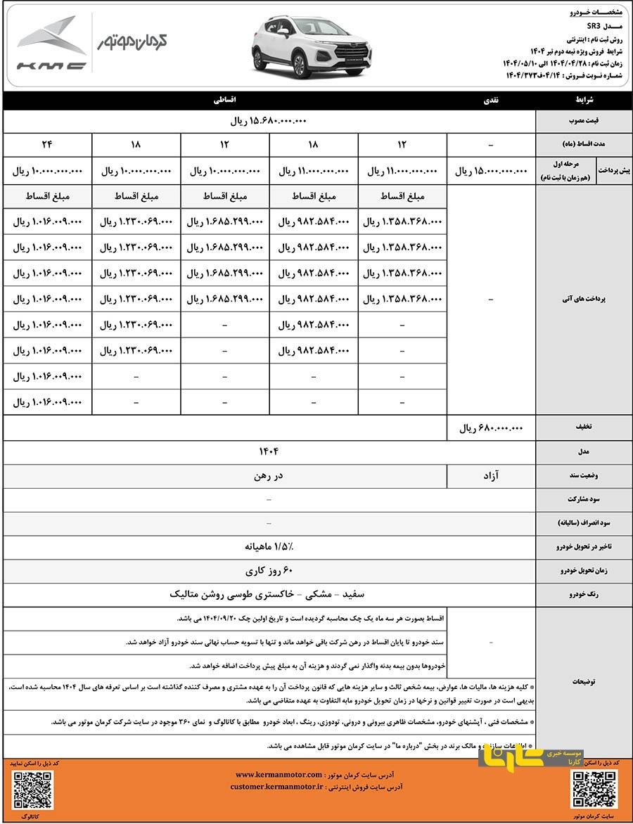 فروش نسل جدید کراس‌اوور شهری SR۳ توسط کرمان موتور