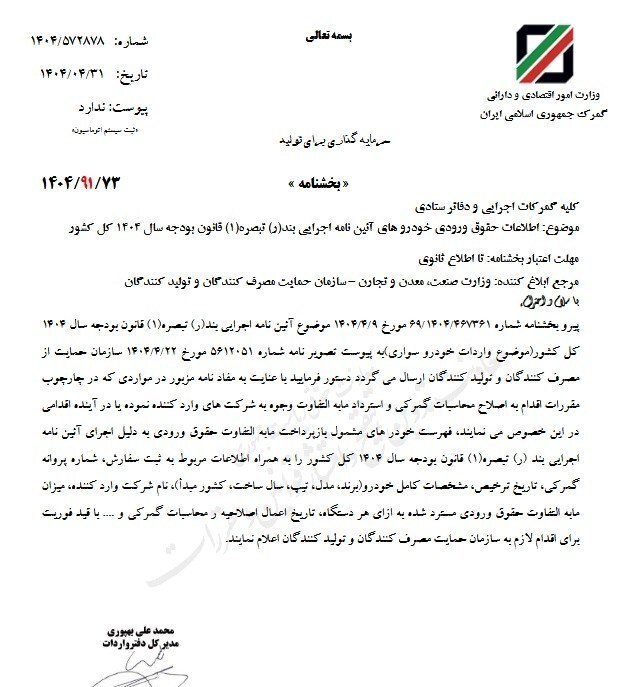 بازپرداخت حقوق ورودی خودرو‌های وارداتی کلید خورد + نامه
