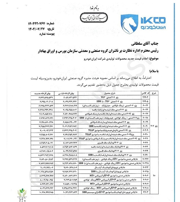 قیمت جدید ۴۳ محصول ایران خودرو اعلام شد+ جدول