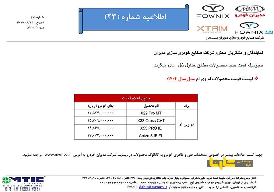 قیمت جدید محصولات مدیران خودرو اعلام شد + جدول