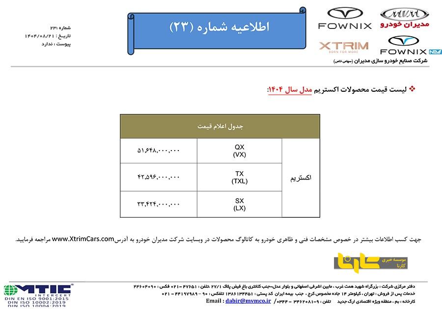 قیمت جدید محصولات مدیران خودرو اعلام شد + جدول
