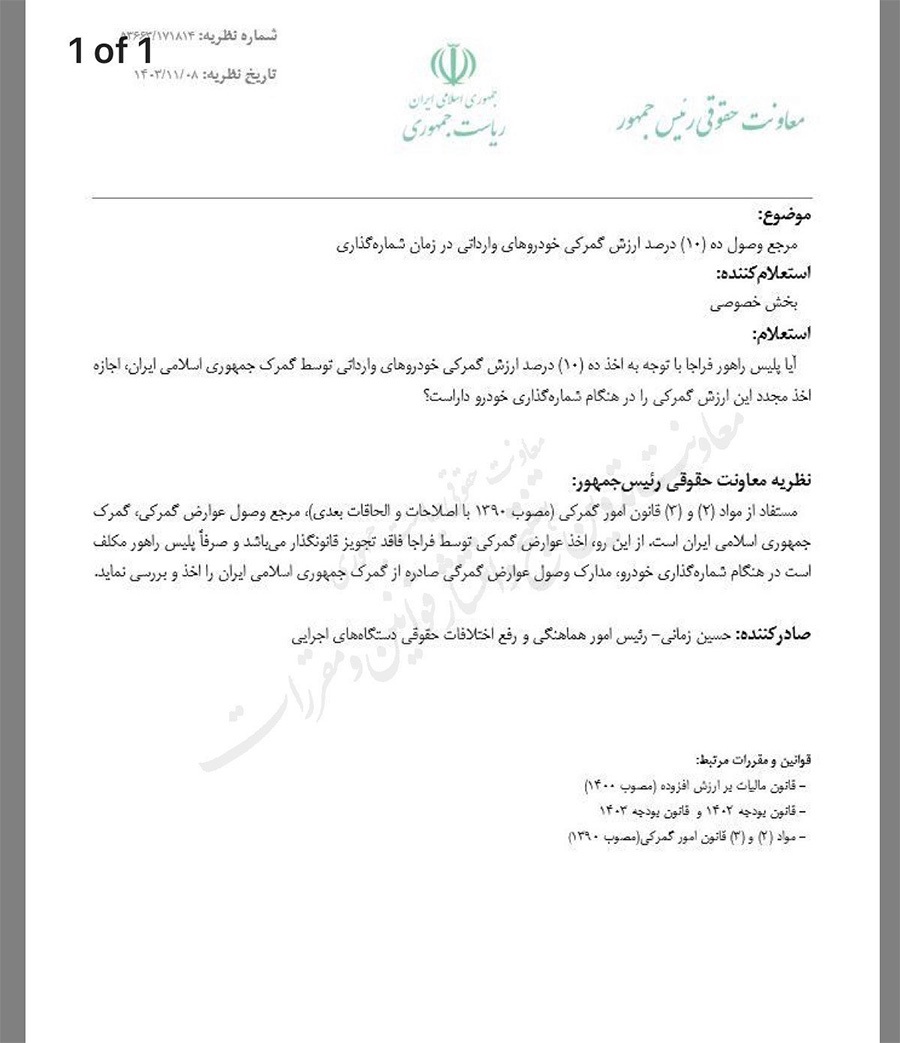 خبر مهم برای واردکنندگان خودرو: پلیس راهور نباید عوارض گمرکی بگیرد