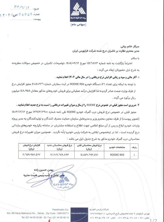 قیمت جدید رووی ERX۵ پارس خودرو با افزایش ۲۶۵ میلیون تومانی اعلام شد قیمت جدید رووی ERX۵ پارس خودرو با افزایش ۲۶۵ میلیون تومانی اعلام شد