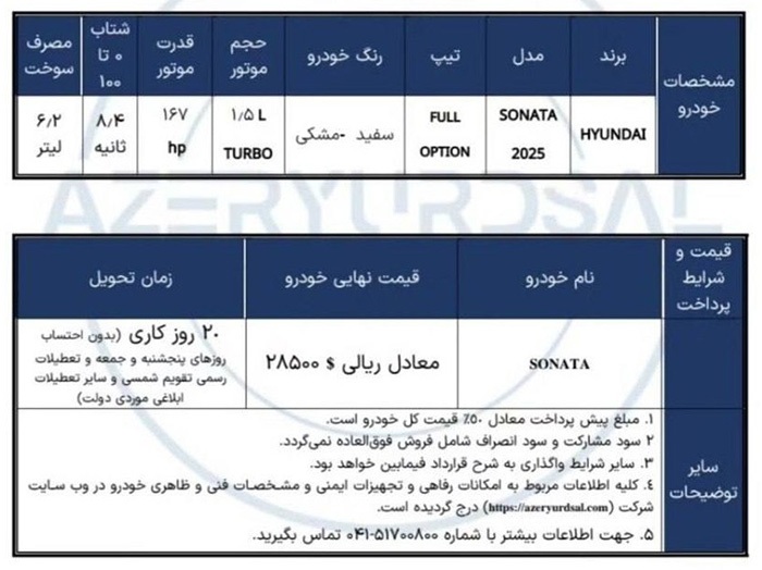 شرایط جدید فروش هیوندای سوناتا ۲۰۲۵ ویژه منطقه آزاد