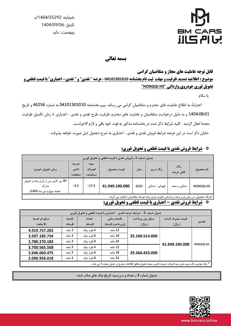 شرایط فروش اقساطی خودرو هونگچی H۵ (آذر ۱۴۰۴)